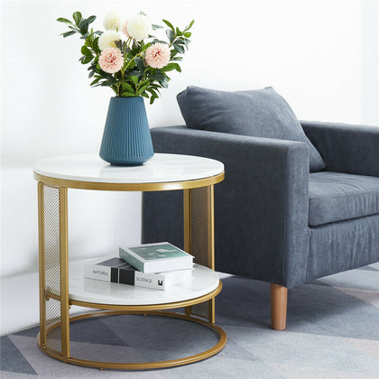 2Tier Large Coffee Table Mable Effect Smooth Edge Gold Wire Decorative End Table