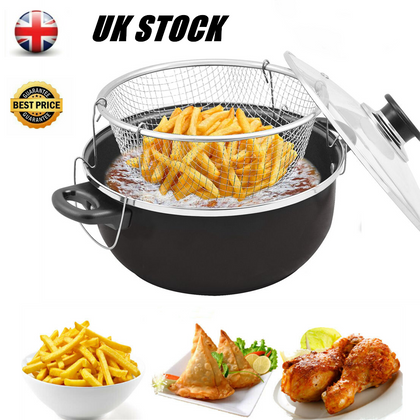 2L Non Stick Chip Pan Deep Fat Fryer Cooking Pot Frying Basket With Lid Set 24cm