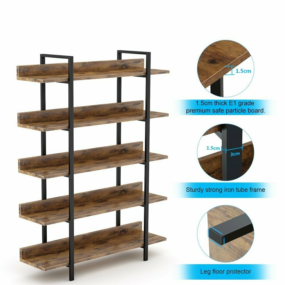 Living Room Industrial 5 Tier Bookshelf Office Etagere Bookcase with Back Fence