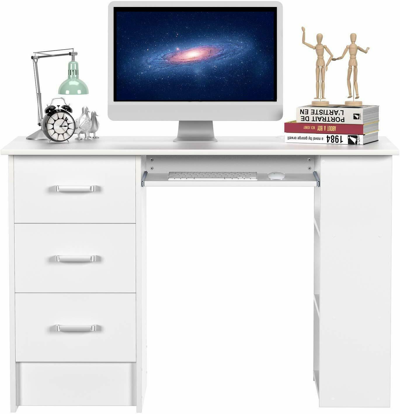 Computer Desk 3 Drawers & Shelves White Corner PC Workstation Office Table