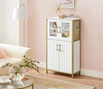 Mid Century Modern Storage Sideboard Bathroom Cupboard Cabinet Glass Door White