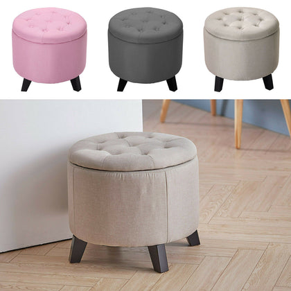 Chesterfield Storage Footstool Ottoman Round Button Tufted Top Stool Entryway UK