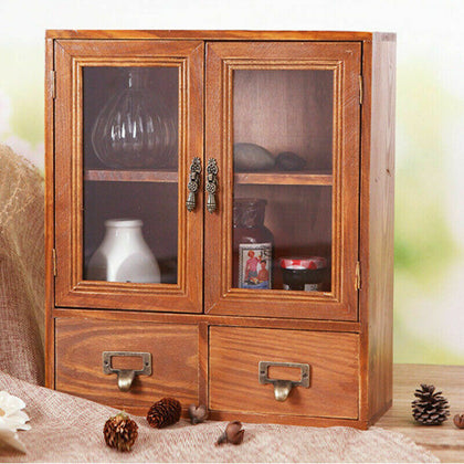 Small Cabinet Glass Door Cupboard Storage Shelves Rustic Wooden Display Unit New