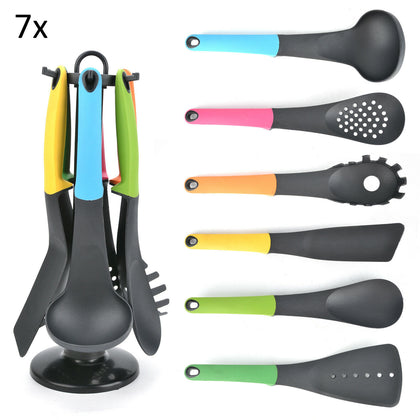 7Pcs Nylon Multi-Coloured Utensil Set With Stand UK Kitchen Essential