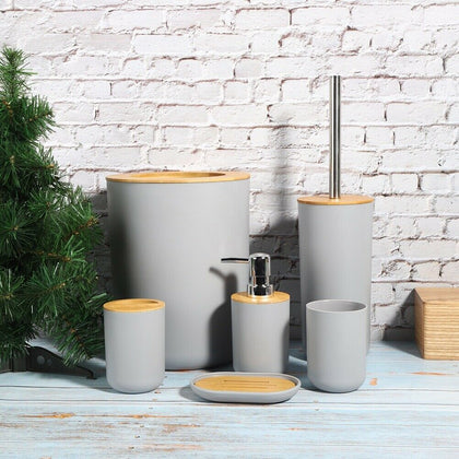 6pcs Bathroom Accessories Set Bin Soap Dispenser Toothbrush Tumbler Bamboo+PP