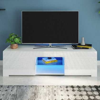 LED Light TV Stand Unit Cabinet Matt Body+2 High Gloss Doors+2 Shelves Cupboard