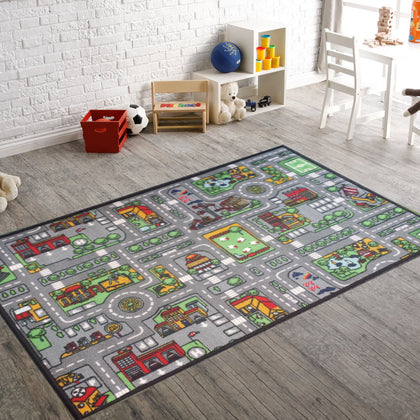 KIDS GREY VILLAGE ROAD RUGS GIRL BOY FUN PLAY MAT BEDROOM NONSLIP NURSERY CARPET