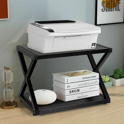 2 Tier Wooden Tabletop Printer Stand X-shaped Metal Home Office Storage Shelving