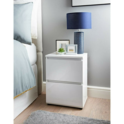 Modern White (2 Drawers) Bedside Table Cabinet - White High Gloss