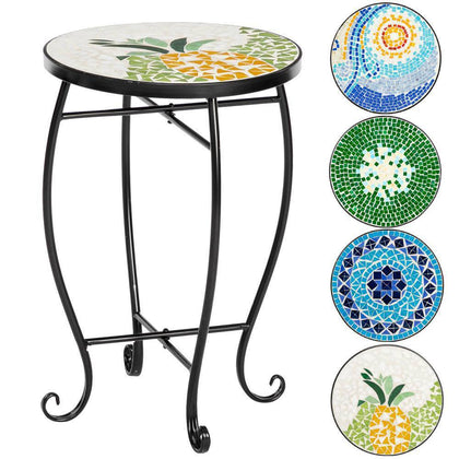 Iron/Glass Round Side Coffee Patio Table Mosaic Design Garden Flower Plant Stand