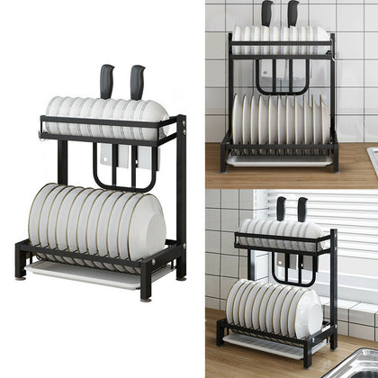 2 Tier Kitchen Cutlery Dish Plate Holder Drainer Rack Draining Tray Knife Holder