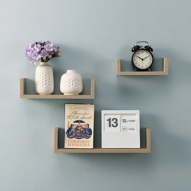 Set of 3 U Shape Floating Wall Shelf Storage Display White Black Oak Grey Blush