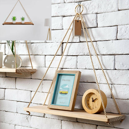 1/2X Wooden Hanging Rope Shelf Wall Mounted Floating Shelf Storage Rustic