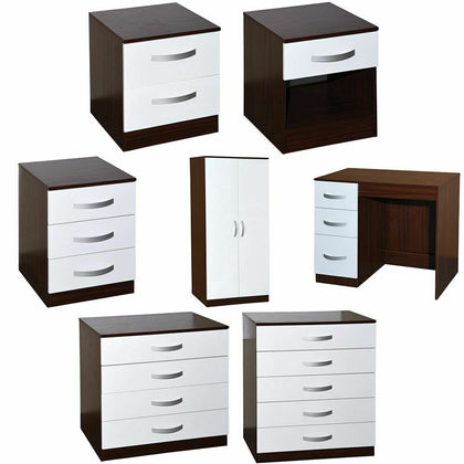 Hulio Drawer Chest Wardrobe Dressing Table High Gloss Bedroom Set White & Walnut