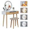 Modern Dressing Table Stool Set Round Makeup Mirror w/LED Lights Wooden 2 Drawer