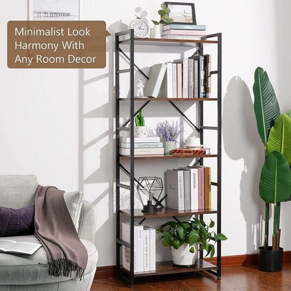 5 Tier Tall Bookshelf Bookcase Rustic Wood Metal Storage Display Shelving Unit