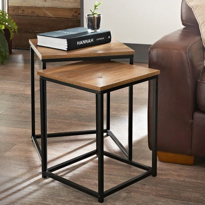 Fabulous Tromso Square Nest of 2 Tables Black, Metal Base with Wooden Tops New.