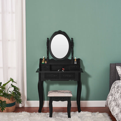 Black Dressing Table, Oval Mirror & Stool Set (4 Drawers) Bedroom Makeup Desk