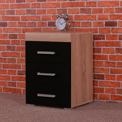 3 Drawer Black & Sonoma Oak Bedside Cabinet Table 3 Draw Chest Bedroom Furniture