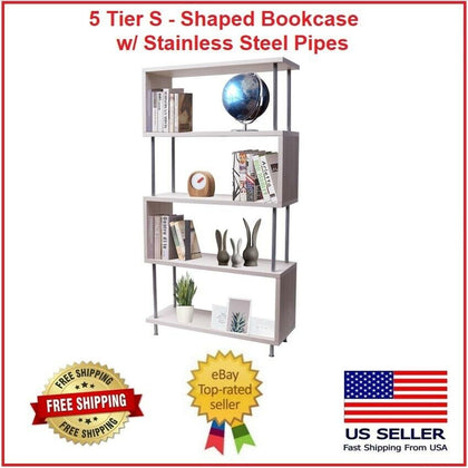 5 Tier S-Shaped Bookshelf Bookcase Shelf Storage Wood Furniture for Home Office