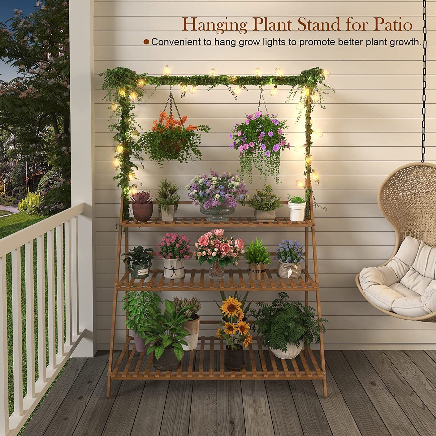 bamboo 3 tier hanging plant stand Large Bamboo 3 Tier Hanging Plant Stand Folding Garden Shelves Corner – Quildinc
