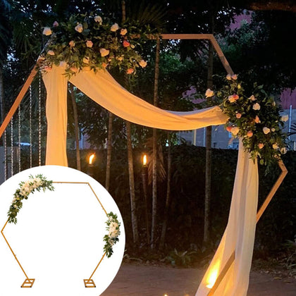 2.4M Hexagon Wedding Arch Backdrop Frame Flower Balloons Hoop Stand Decor Golden