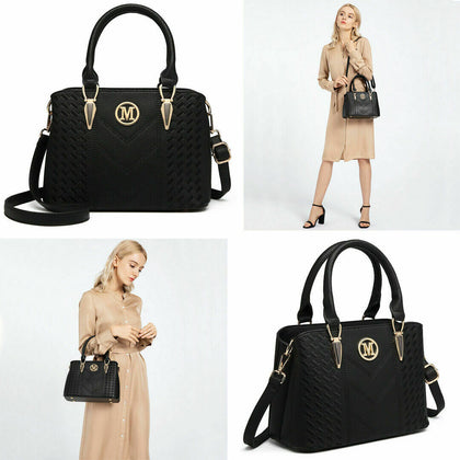 Black Ladies Handbag Work Bag Faux Leather Medium Shoulder Tote Women Designer