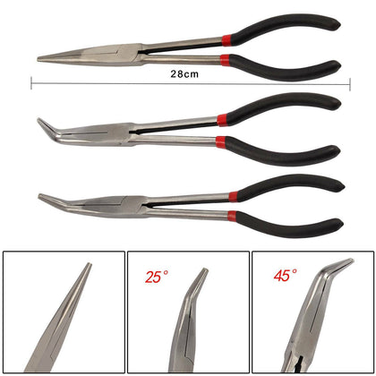 3Pcs Long Nose Pliers Set Straight Bent Tip Garage Hand Tool 11 inch 280mm UK