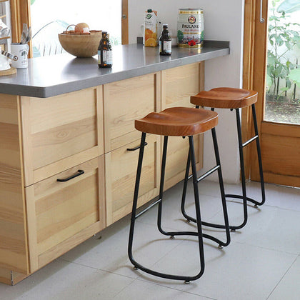 2 x Vintage Bar Stool Metal Wooden Industrial Retro Seat Kitchen Pub Counter
