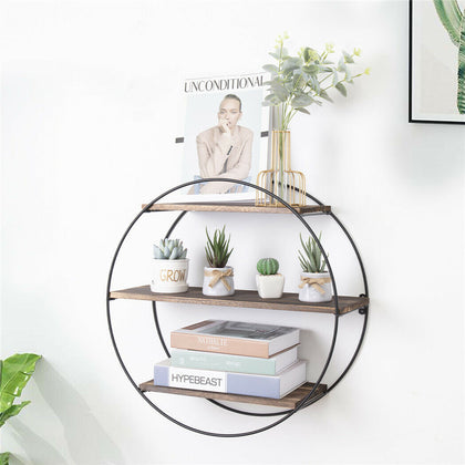 Rustic Decor Circle Round Hanging Floating Shelf Wall Storage Rack Industrial H