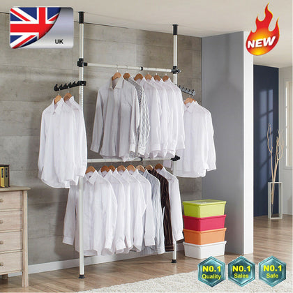 2 Poles 2Bars Telescopic Wardrobe Organizer Hanging Clothes Rail Garment Rack UK