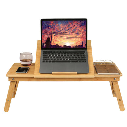 Bamboo Laptop Desk Foldable Notebook Table with Drawer Adjustable Height 25-36cm