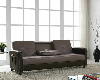 Sofa Bed with Magazine Pocket Cup Holder Faux Leather 3 Seater Modern Design