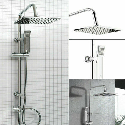 Large Stainless Steel Dual Two Mixer Shower Head Rainfall Rail Hose Riser Set UK