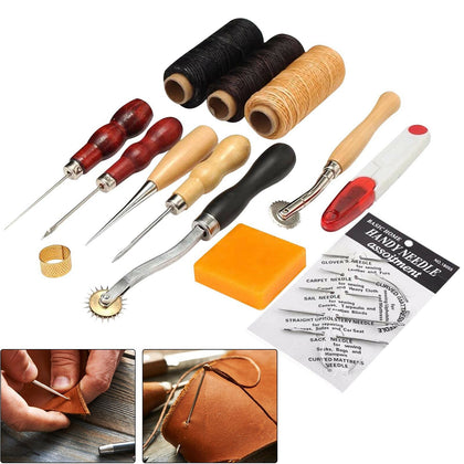 13Pcs Leather Craft Hand Stitching Sewing Tool Thread Awl Waxed Thimble Kit
