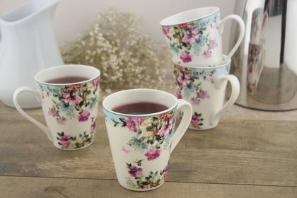 Set Of 4 Vintage Floral New Bone China Coffee Mugs, Gift Boxed - Dishwasher and