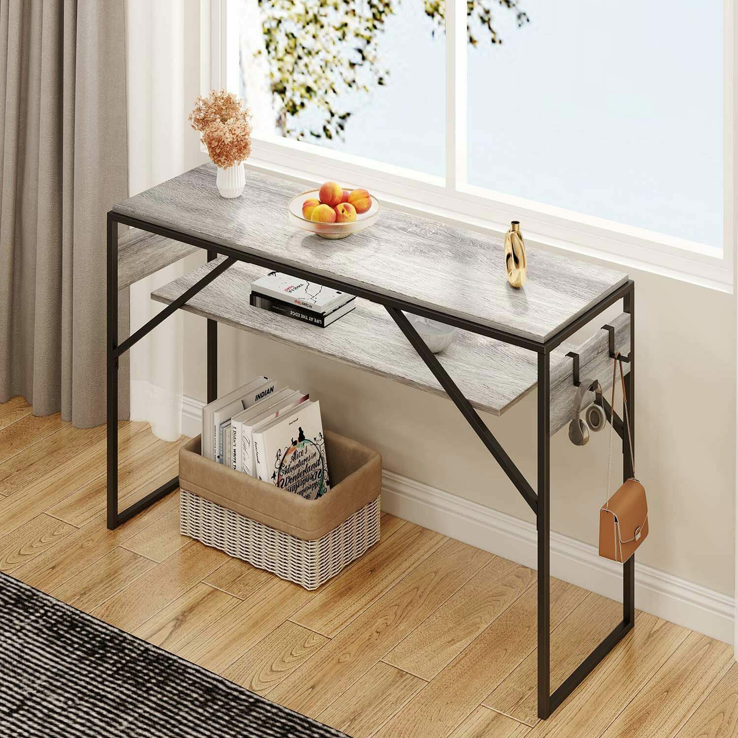Small Server Table Wooden Server Table Sideboard Tiny Study Kitchen Working Desk with Hoo ...