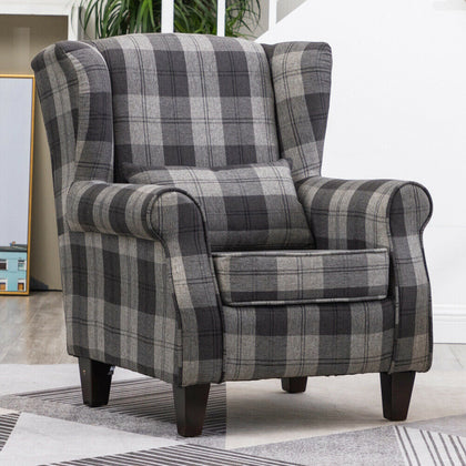Vintage Tartan Fabric Wingback Armchair Home Office Lounge Sofa Chair W/ Cushion