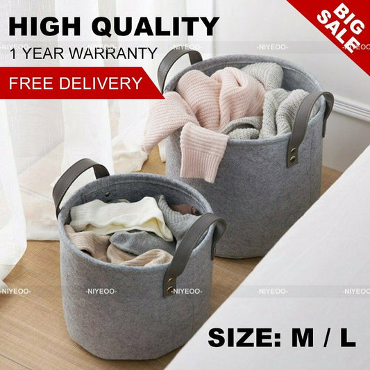 Grey Felt Storage Basket Bin with Handle Bedroom Closet Clothing Toy Storage UK