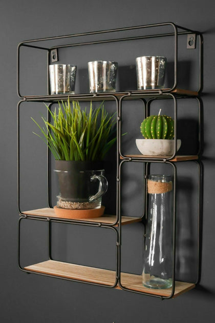 Retro Rectangle Industrial Style Wall Shelf Unit Metal Wood Storage Vintage