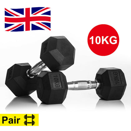 2x10kg Dumbells Cast Iron Rubber Encased Hexagonal Dumbbells Home Gym Weight Set