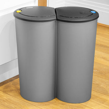 Black Circular Double Recycling Waste Bin Duo Rubbish Plastic Disposal 2 x 25L