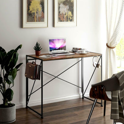 Industrial Style Metal Frame Wooden Desk Home Office Folding Computer Table