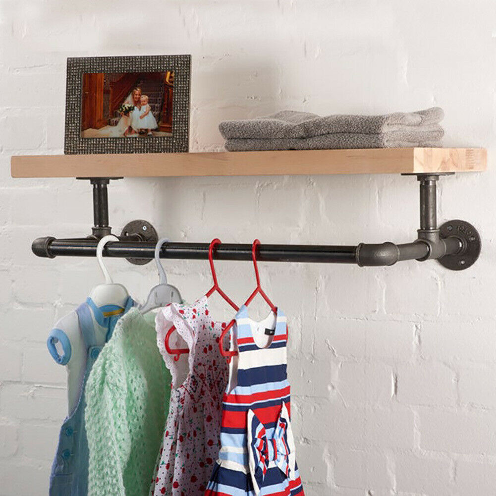 Industrial Clothes Rails and Solid Wood Shelf Pipes Hanging Wooden Board Storage