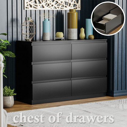 Modern Black 6 Drawer Chest of Drawers Wardrobe Bedside Cabinet Sideboard Wide