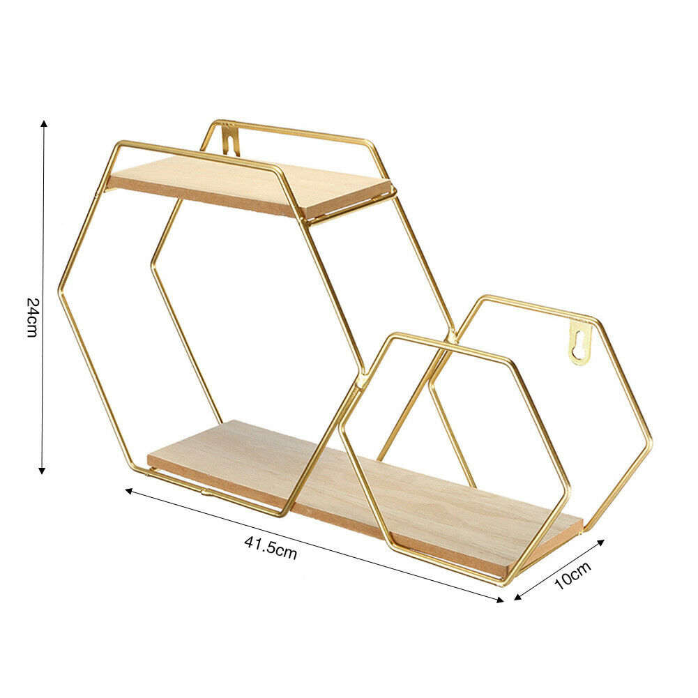 Hexagon Wall Mounted Shelf Display Rack Gold Metal Storage Shelving Home Decor