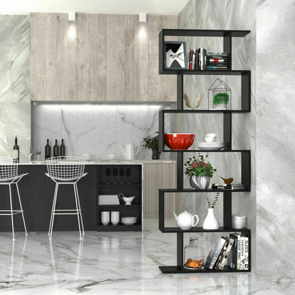 Wood Bookcase Bookshelf S Shape 6 Tier Shelves Free Standing Shelving Storage