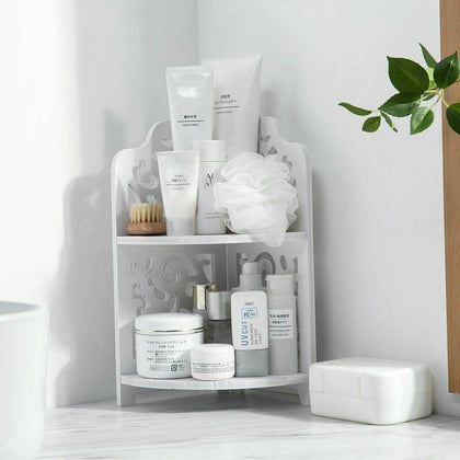 2 Tier White Bathroom Corner Shelf Display Stand Wall Mounted Unit Storage Rack