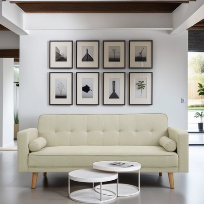 Modern 3 Seater Fabric New Foam Sofa Bed Wood Legs Double Beds with 2 Cushions