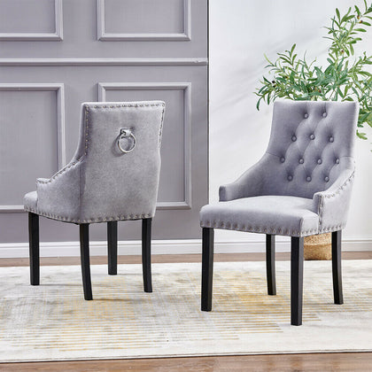 Set of 2 Fabric Dining Chairs Armchair with Knocker Padded Seat Dining Room Grey